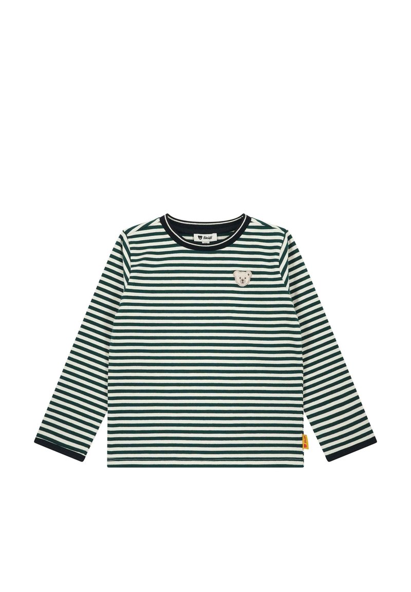 Long-sleeve shirt in green and cream stripes. Features a rounded neckline and a small bear-shaped patch on the chest. Cotton material.