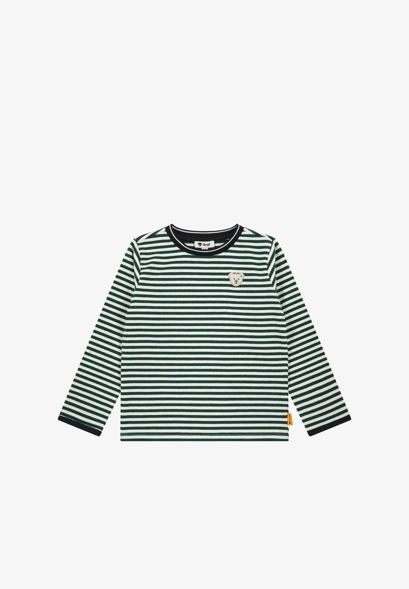 Long-sleeve shirt in green and cream stripes. Features a rounded neckline and a small bear-shaped patch on the chest. Cotton material.