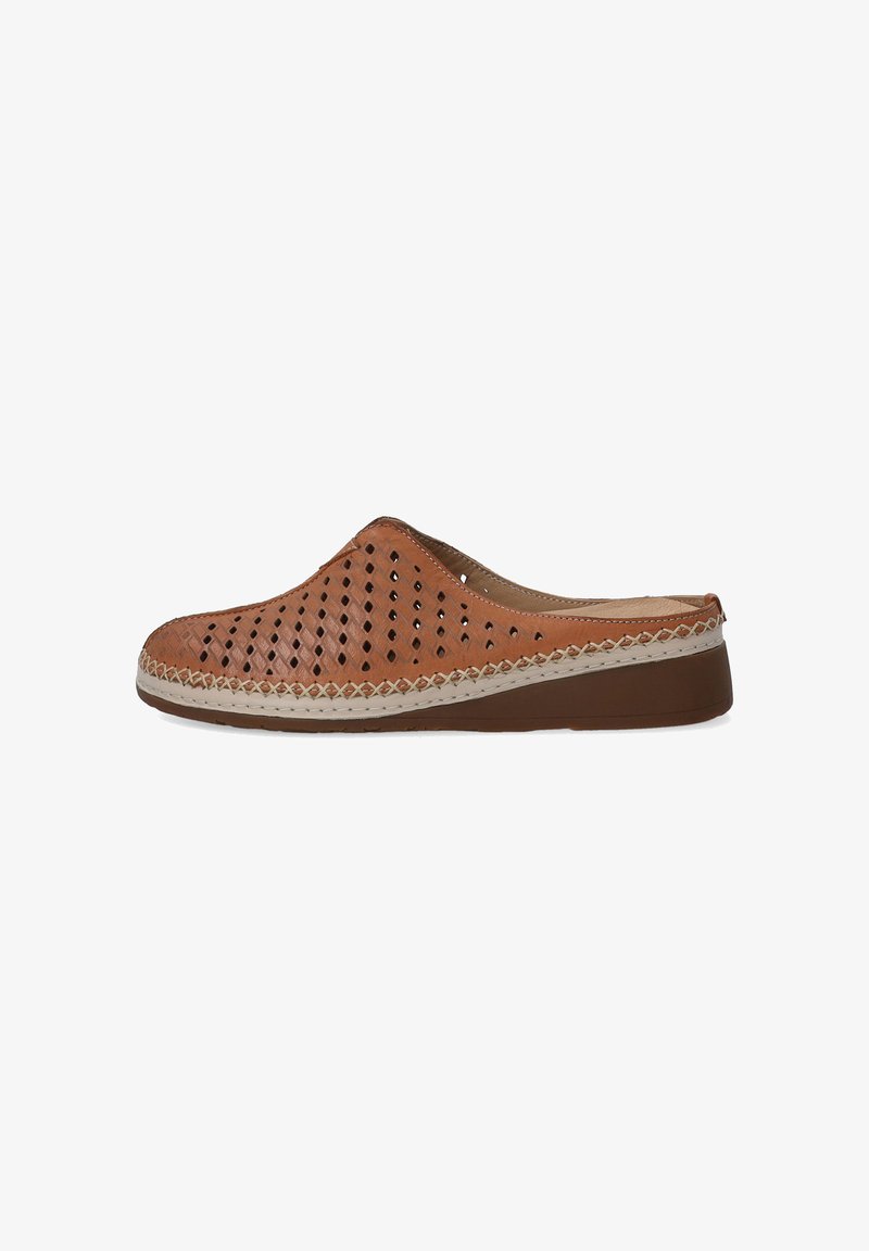 Brown perforated leather clog with a textured upper, stitched detailing, and a contrasting light-colored sole. Closed back design.