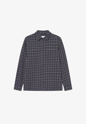 Sötétkék flanel ing hosszú ujjal, kockás mintával. Két mellzsebe van, gombos eleje és klasszikus gallérja.