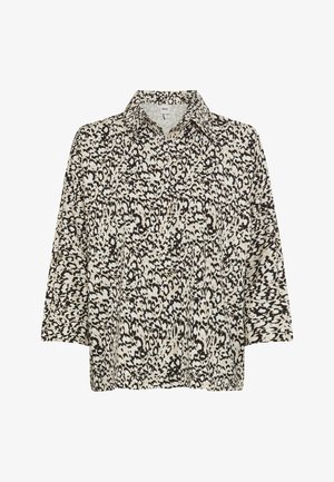 Bluse mit Leopardenmuster in Creme und Schwarz, mit Kragen und Dreiviertelärmeln, aus leichtem Stoff mit glatter Textur.