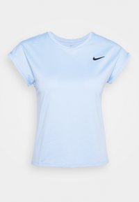Light blue, short-sleeve sports t-shirt with a round neckline, textured fabric, and black Nike logo on the upper left side.