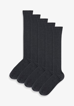 Fünf Paare dunkelgrauer, gerippter knielanger Socken aus einem weichen Stoff. Mit verstärkter Zehenpartie und elastischem Saum für einen sicheren Sitz.