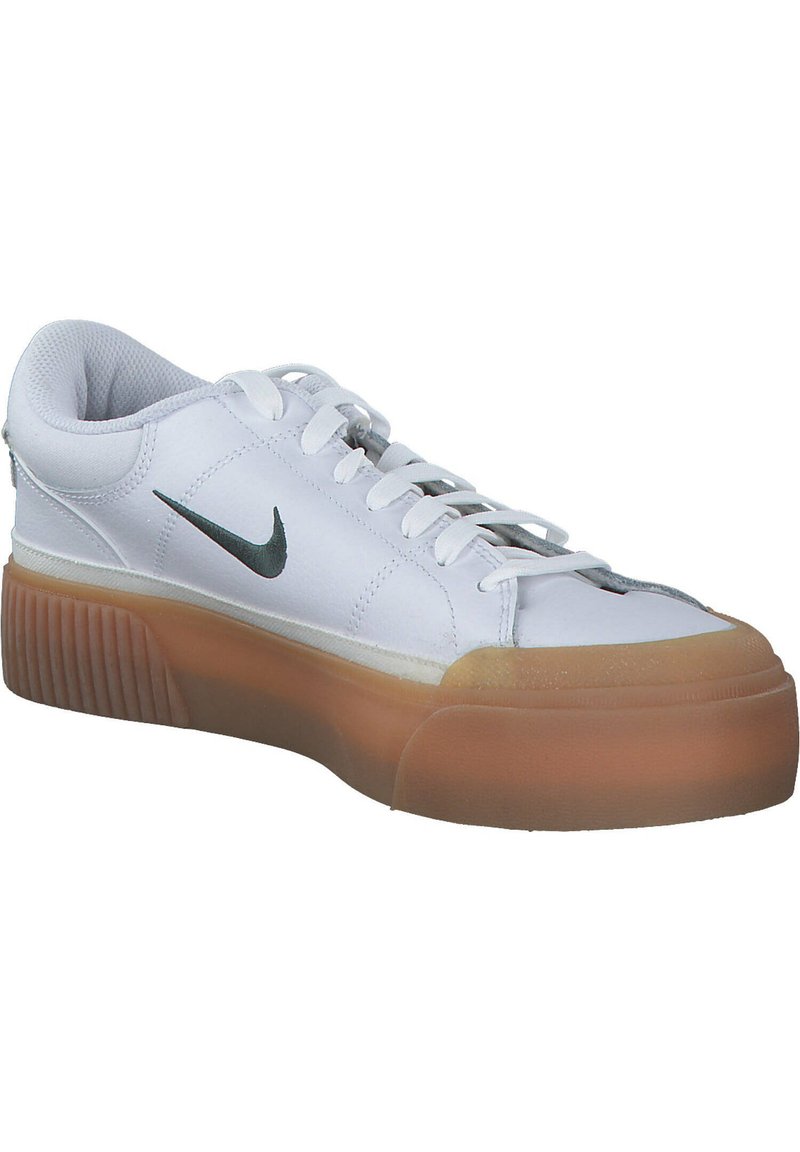 Zapatillas sintéticas blancas con puntera redonda, diseño de cordones y una suela de goma transparente con textura estriada y un logo de Nike en negro.