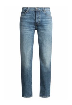 Lyseblå denimjeans med lige ben, der har knaplukning og fem lomme-stil. Subtile toninger tilføjer tekstur.