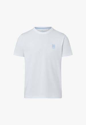 Weißes T-Shirt mit kurzen Ärmeln und Rundhalsausschnitt, mit kleinem blauem "Good Vibes"-Logo auf der linken Brust.