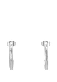 Orecchini a cerchio in argento con una finitura lucida, caratterizzati da un design curvato e da una chiusura sicura nella parte superiore. Forma pulita e semplice.