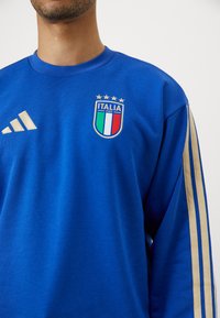 Blå langermet genser med gull Adidas-striper og det italienske landslagets emblem med et skjold i fargene: blå, hvit, rød, grønn.