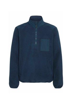 Navy blue fleece pullover with a high collar, half-zip front, and a chest pocket. Elastic cuffs and hem for a snug fit. Soft texture.