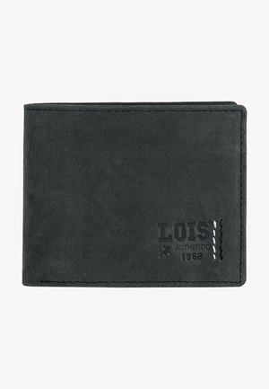 Billetera de cuero negro con un acabado texturizado, que presenta el logo en relieve "LOIS AUTHENTIC 1962" y acentos de costura blanca en contraste.