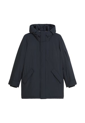 Giacca puffer di un blu navy scuro con cappuccio, dotata di grandi tasche laterali, bottoni a pressione e dettagli cuciti sul fronte e sulle maniche.