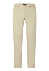 Beige cotton-chino trousers with a slim fit, featuring a front button and zip closure, with side and back pockets. Smooth texture.
