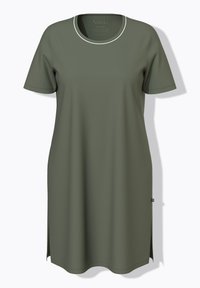 Oliwkowa sukienka t-shirtowa z krótkimi rękawami, okrągłym dekoltem wykończonym białą lamówką, z bocznymi rozporkami i lekko luźnym krojem.