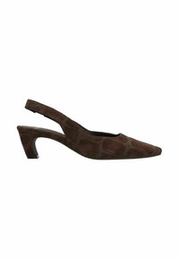 Bruine suède slingback schoen met een spitse neus, een gestructureerd patroon en een middenhoge hak. Heeft een open achterkant voor gemakkelijk aan- en uittrekken.