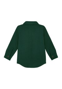 Zielona koszula z długim rękawem, z klasycznym kołnierzykiem, z zapięciem na guziki i zaokrąglonym dołem. Wykonana z miękkiego materiału o gładkiej teksturze.