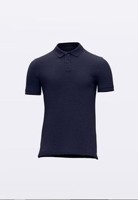 Marineblaues Poloshirt mit kurzen Ärmeln, strukturierter Stoff, Drei-Knopf-Leiste und klassischem Kragen. Einfaches Design ohne sichtbare Muster.