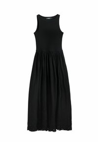 Vestido negro sin mangas hecho de tela acanalada, con un corsé ajustado, falda fruncida y detalles de ojales en forma de concha en el dobladillo.