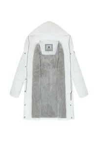 Witte gewatteerde jas met een zachte grijze fleece binnenkant, voorzien van een capuchon, voorkant met rits en drukknoopsluiting.