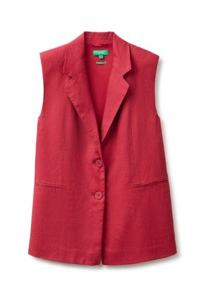 Roter ärmelloser Blazer mit zwei Knöpfen und zwei vorderen Schlitzentaschen, mit einem notched Reverskragen und einem grünen Etikett innen im Nacken.
