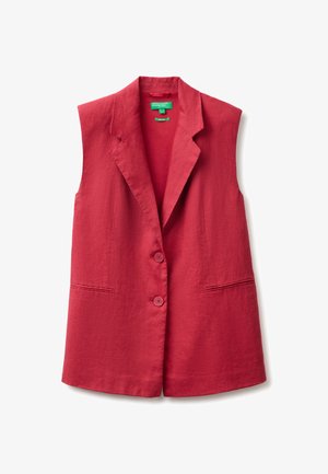 Roter ärmelloser Blazer mit zwei Knöpfen und zwei vorderen Schlitzentaschen, mit einem notched Reverskragen und einem grünen Etikett innen im Nacken.