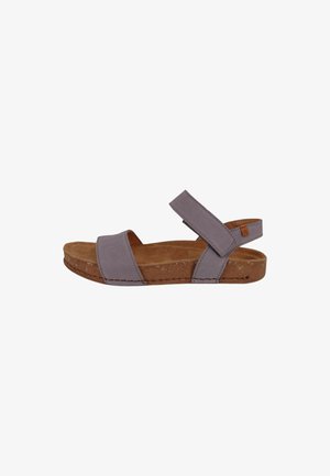 Grey leather sandal with two wide straps, cork footbed, and a low heel. Features adjustable velcro closure for a secure fit.