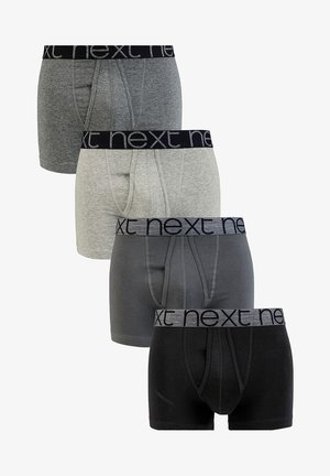 Vier Paare Boxershorts in Schwarz, Grau und Hellgrau. Jede verfügt über einen weichen Bund mit dem "next"-Logo und einem konturierten Taschen design.