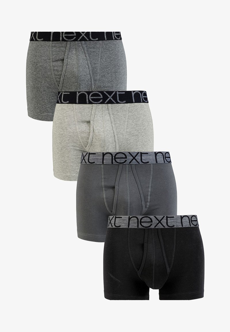 Quattro paia di boxer in nero, grigio e grigio chiaro. Ognuno presenta un morbido elastico con il logo "next" e un design a tasca sagomata.