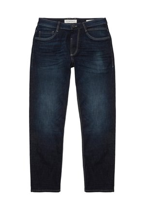 Donkerblauwe spijkerbroek met een standaard pasvorm, voorzien van een ritssluiting, vijf zakken en contrasterende gele stiksels. Over het algemeen een gladde textuur.