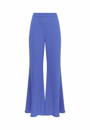 Pantaloni blu a gamba larga in tessuto liscio e strutturato con vita alta, cuciture dritte e silhouette fluida.