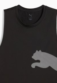 Maglietta atletica nera senza maniche con scollatura rotonda, caratterizzata da una grafica testurizzata a pois di un gatto che salta sul davanti.