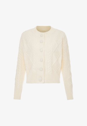 Cardigan tricotat de culoare crem, cu modele în cable și diamante, guler rotund, mâneci lungi, manșete cu nervuri și șase nasturi mari acoperiți cu țesătură în față.