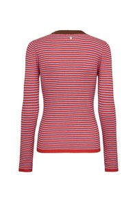 Pull côtelé à manches longues avec des rayures horizontales rouges et bleu clair et un col marron, vu de dos sur fond blanc.