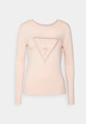 Pull léger rose avec un logo triangulaire et un texte en relief au centre, manches longues et bords côtelés.