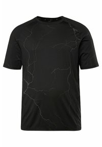 Sort T-shirt med korte ærmer, der har et subtilt hvidt marmorprint. Den er lavet af et glat, let stof og har en rund halsudskæring.