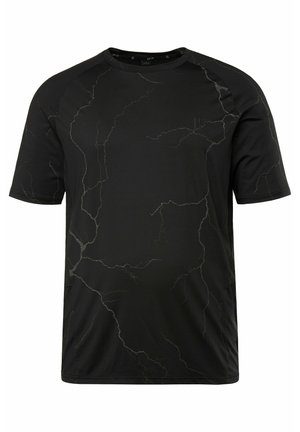 Schwarzes T-Shirt mit kurzen Ärmeln, das ein dezentes weißes Marmor-Muster aufweist. Hergestellt aus einem glatten, leichten Stoff mit einem runden Ausschnitt.