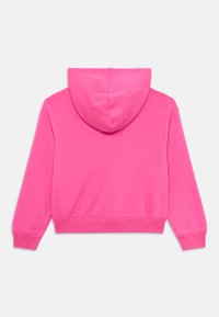 Sweatshirt com capuz rosa, mistura de algodão, ajuste descontraído, punhos e barra canelados, textura suave, vista traseira com detalhes do capuz.