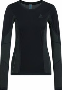 Black long-sleeve athletic top with textured black mesh panels, round neckline, and Odlo logo on the chest. Flexible and fitted design.
