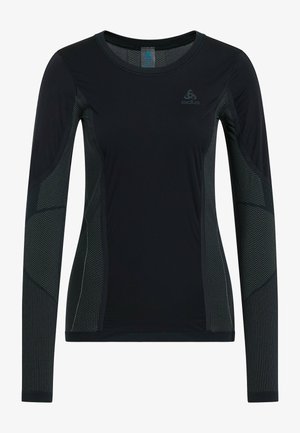 Must have mustriliseed pikkade varrukatega sporditop, millel on tekstuuriga must mesh-paneel; ümmargune kaelus ja Odlo logo rinnal. Paindlik ja hästi istuv disain.