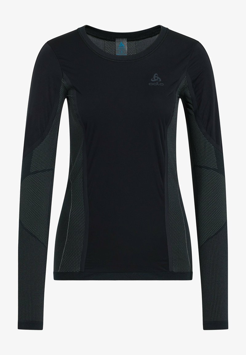 Black long-sleeve athletic top with textured black mesh panels, round neckline, and Odlo logo on the chest. Flexible and fitted design.