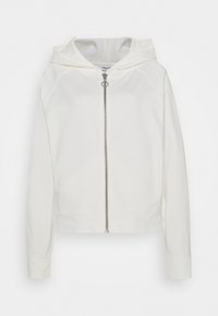Veste blanche à manches longues avec capuche, fermeture éclair frontale et tirette anneau, présentée sur un fond blanc uni.