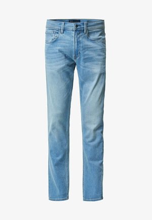 Helle blaue Denim-Jeans mit geradem Bein, ausgestattet mit vorderen Taschen und subtilen Abnutzungserscheinungen für ein strukturiertes Aussehen.