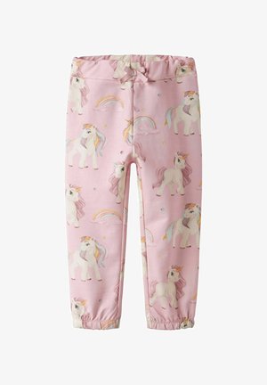 Leggings rosas con un estampado de unicornio y arcoíris. Fabricados con una tela suave, cuentan con una cinturilla elástica y tobillos fruncidos para un ajuste ceñido.