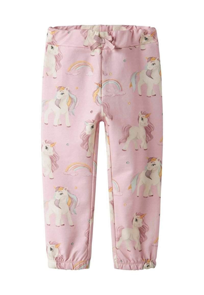 Leggings roses avec un imprimé licorne et arc-en-ciel. Fabriqués en tissu doux avec une taille élastique et des chevilles froncées pour un ajustement parfait.