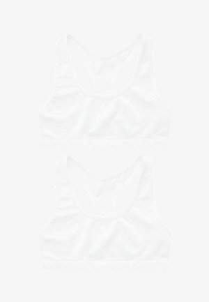 Biele športové podprsenky s pretekárskym strihom, vyrobené z hladkej tkaniny, s krivkovými švami a bezšvovým pásom na spodnej strane.