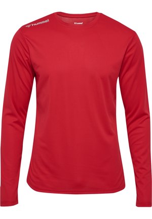 T-shirt de sport rouge à manches longues avec col rond et logos blancs de hummel sur l'épaule gauche et à l'intérieur du col.