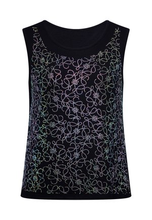 Black sleeveless top with iridescent bead patterns forming loops and floral shapes across the front.