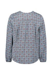Langärmlige, knopfartige Bluse. Leichter Stoff mit blauem Hintergrund und roten, weißen und marineblauen Blumenmustern. Raffungen an den Schultern.