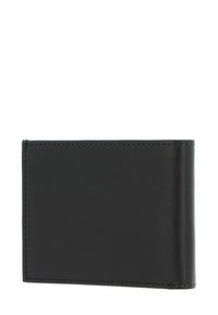 Black leather wallet with a smooth texture, bi-fold design, and contrasting stitching. Compact shape suitable for cards and cash.