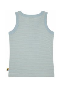 Hellblau gestreiftens Tanktop mit gerippter Textur. Hat einen runden Halsausschnitt und ein kleines, mehrfarbiges Etikett am Saum.
