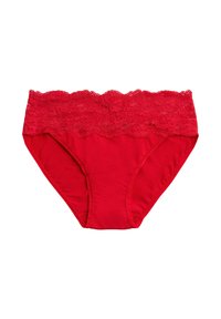 Bañador rojo de algodón con una ancha banda de encaje con patrón floral. La tela es suave, con un corte clásico y un ajuste cómodo.